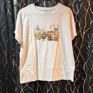 SHEIN White Short Sleeve Tee with Skull and Drinks Print